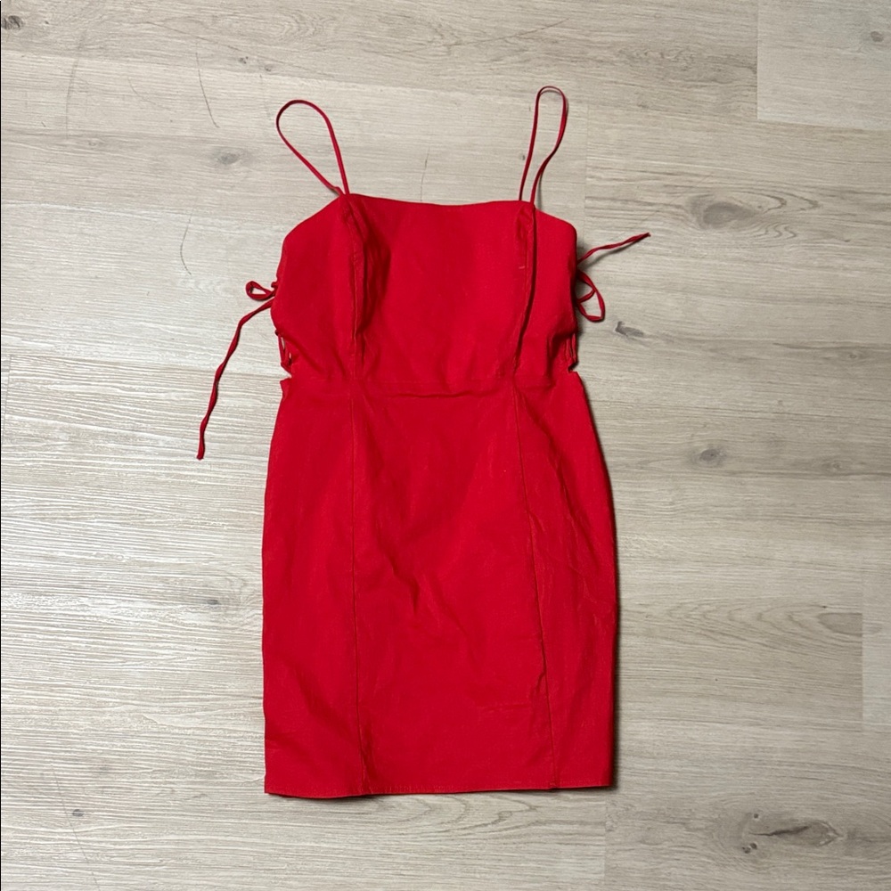 Zara Vibrant Red Square Nexk Tie Sides Sexy Valentine’s Date Night Mini Dress